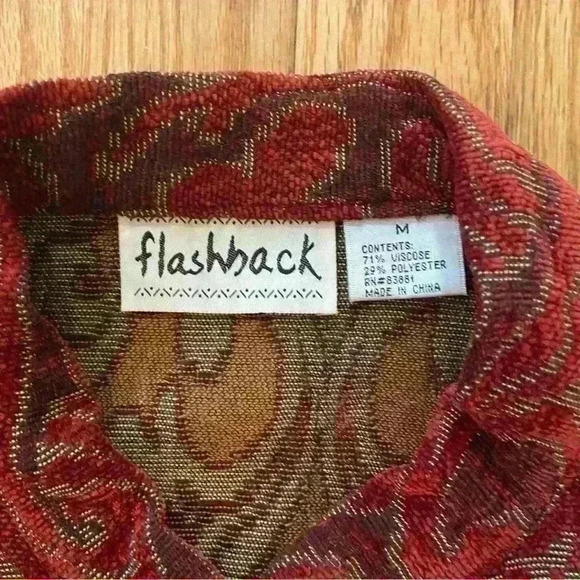 Vintage 90s Flashback Tapestry Jacket Red Burgundy Wooden Size M Button Detail - Picture 7 of 10